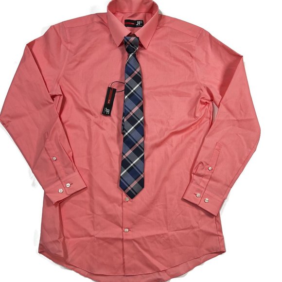 J Ferrar Slim Fit Mens Button Up Long Sleeve Dress Shirt & Tie Medium New Pink - Picture 1 of 14